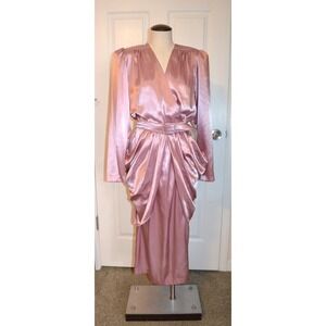 Vtg80s Pink Satin Evening Gown Dress Long Sleeve Draping Sides Womens 8 Tall